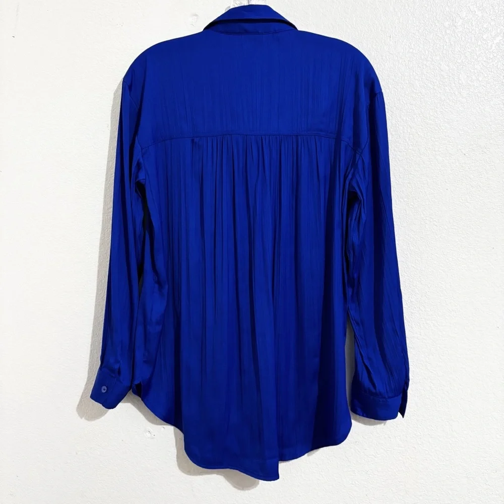 Anthropologie Relaxed Crinkle‎ Satin Button Down Shirt in Cobalt Blue - Picture 6 of 10